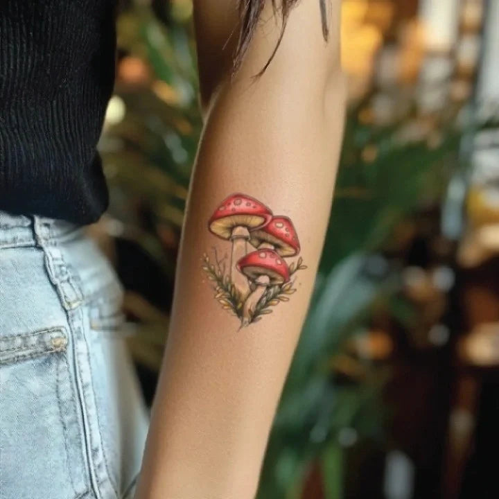simple red color mushroom forearm temporary tattoo idea design