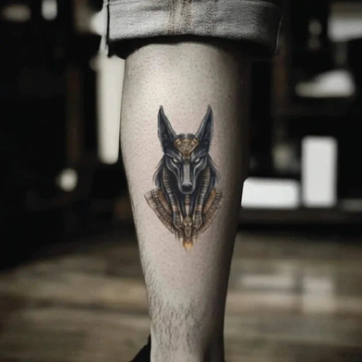 egyptian anubis leg temporary tattoo idea design