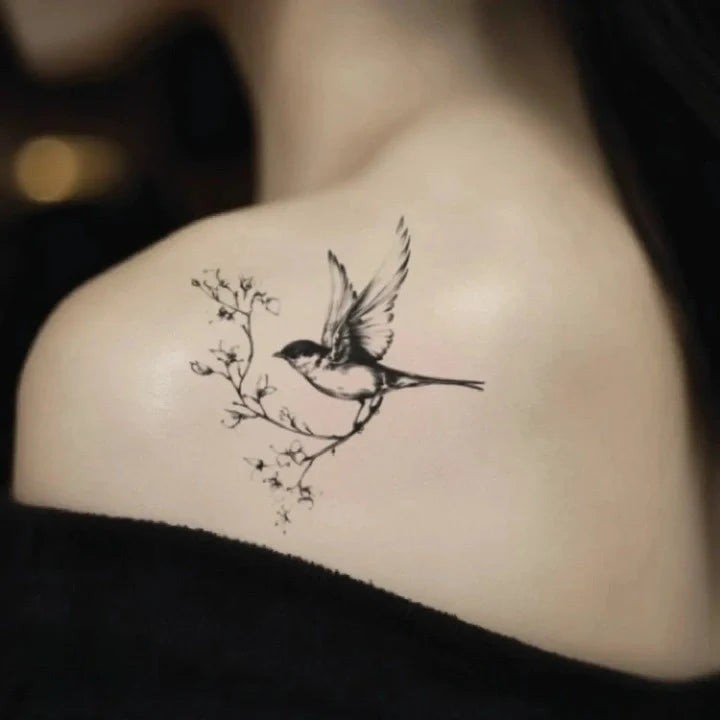 realistic black and white flying bird shoulder temporary tattoo idea design