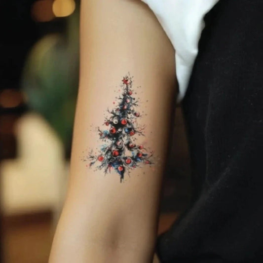 color christmas tree bicep temporary tattoo idea design
