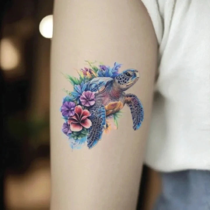 watercolor sea turtle flower bicep temporary tattoo idea design