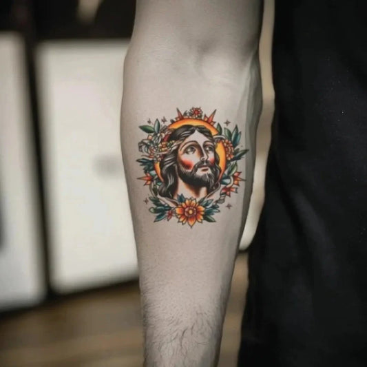 traditional jesus portrait forearm temporary tattoo idea design