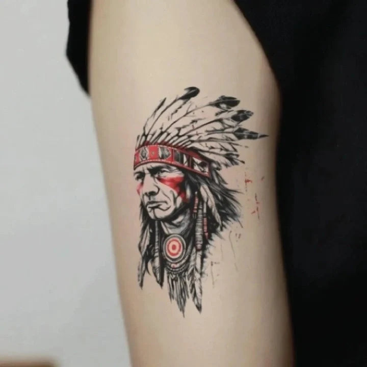 native american portrait bicep temporary tattoo idea design