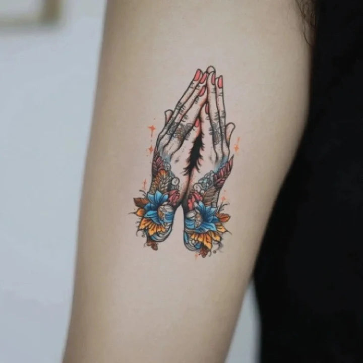 color praying hands bicep temporary tattoo idea design