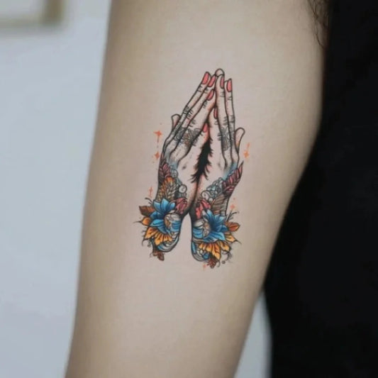 color praying hands bicep temporary tattoo idea design