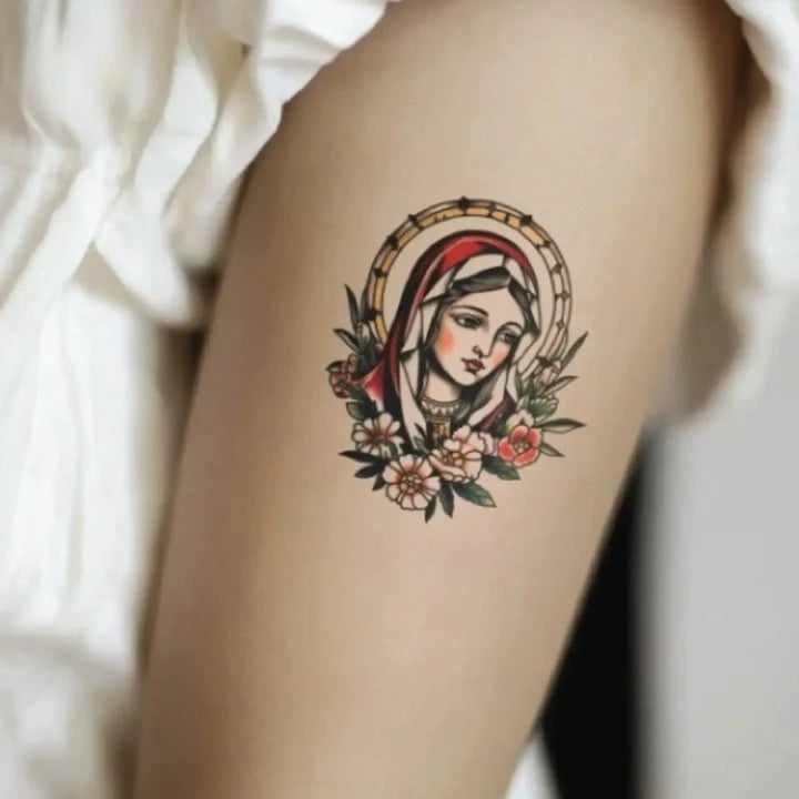 simple traditional virgin mary bicep temporary tattoo idea design