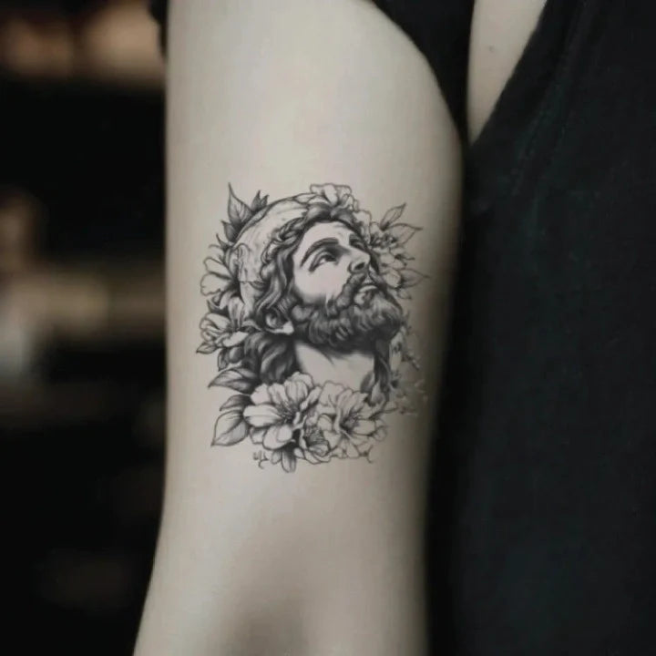 small san judas bicep temporary tattoo idea design