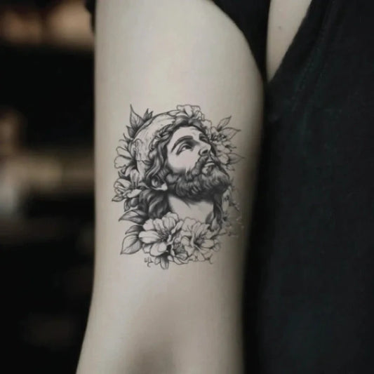 small san judas bicep temporary tattoo idea design
