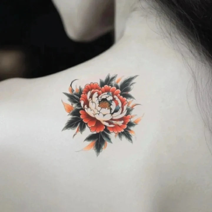 japanese peony flower shoulder temporary tattoo idea design