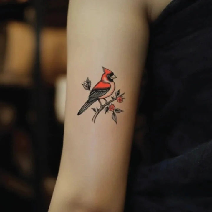 traditional red cardinal bird bicep temporary tattoo idea design