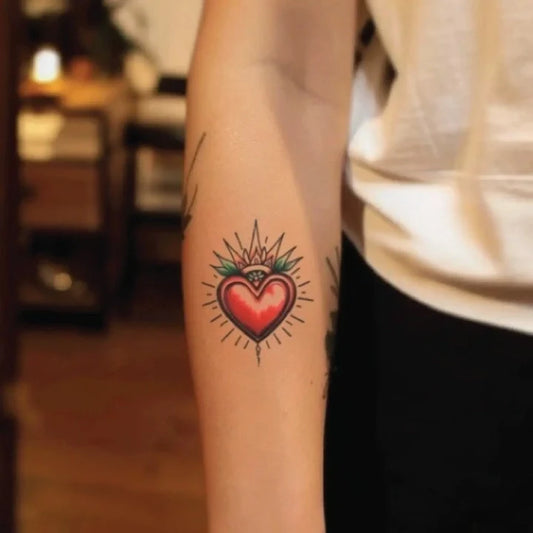 traditional sacred heart forearm temporary tattoo idea design