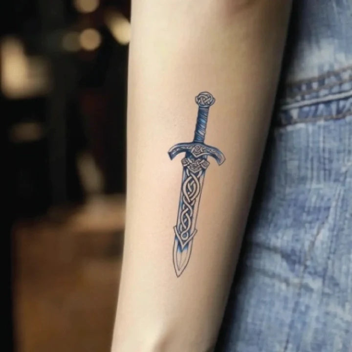 blue viking sword forearm temporary tattoo idea design
