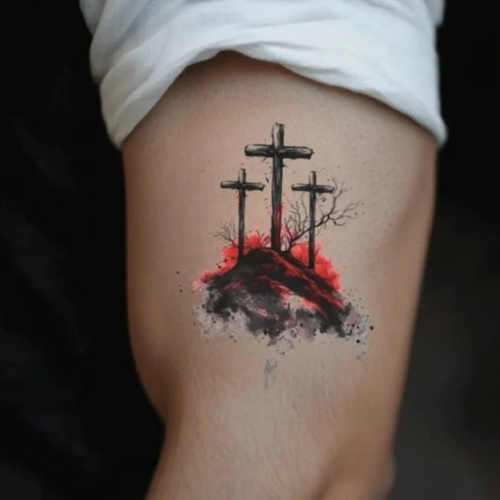 3 cross on a red hill bicep temporary tattoo idea design