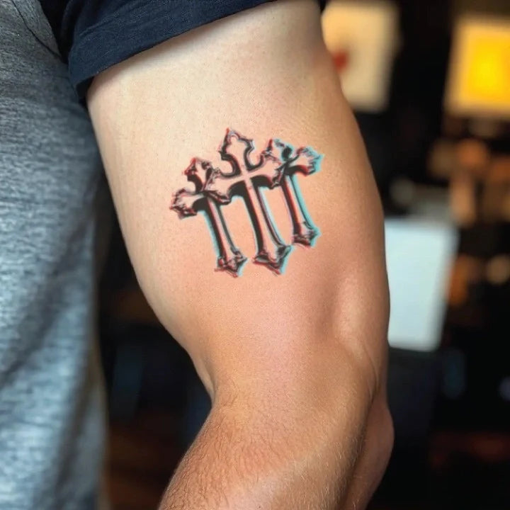 anaglyph 3 cross bicep temporary tattoo idea design