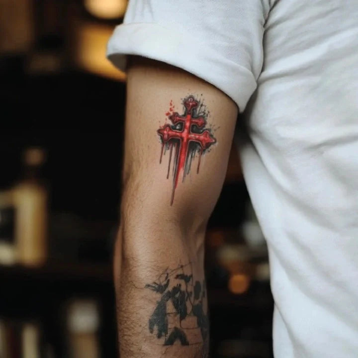 bloody 3 cross bicep temporary tattoo idea design