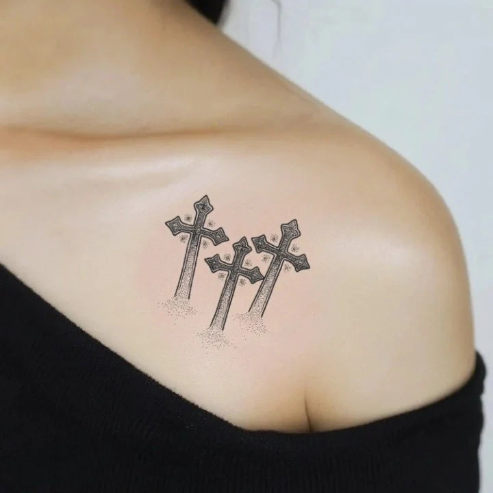simple dotwork 3 cross shoulder temporary tattoo idea design