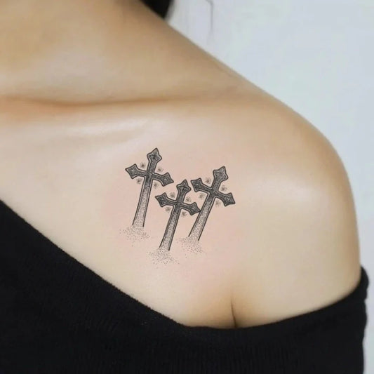 simple dotwork 3 cross shoulder temporary tattoo idea design