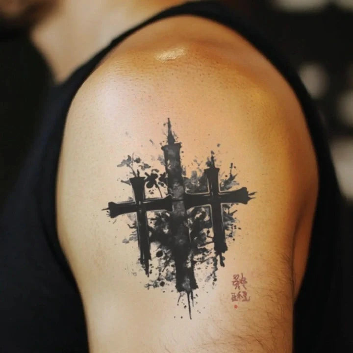 japanese 3 cross bicep temporary tattoo idea design