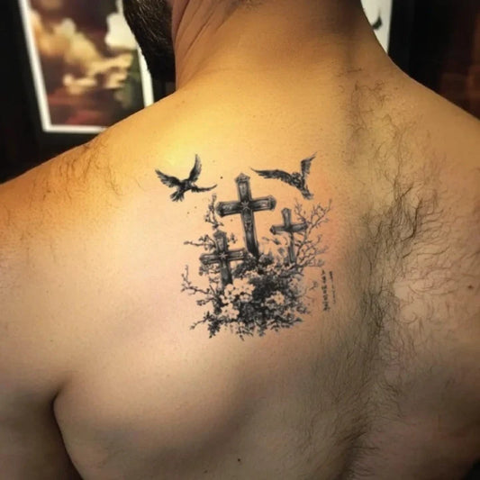3 cross in graveyard back temporary tattoo idea design