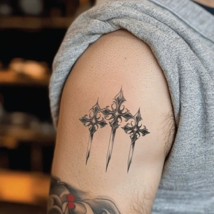 viking 3 cross bicep temporary tattoo idea design