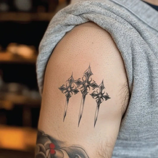 viking 3 cross bicep temporary tattoo idea design