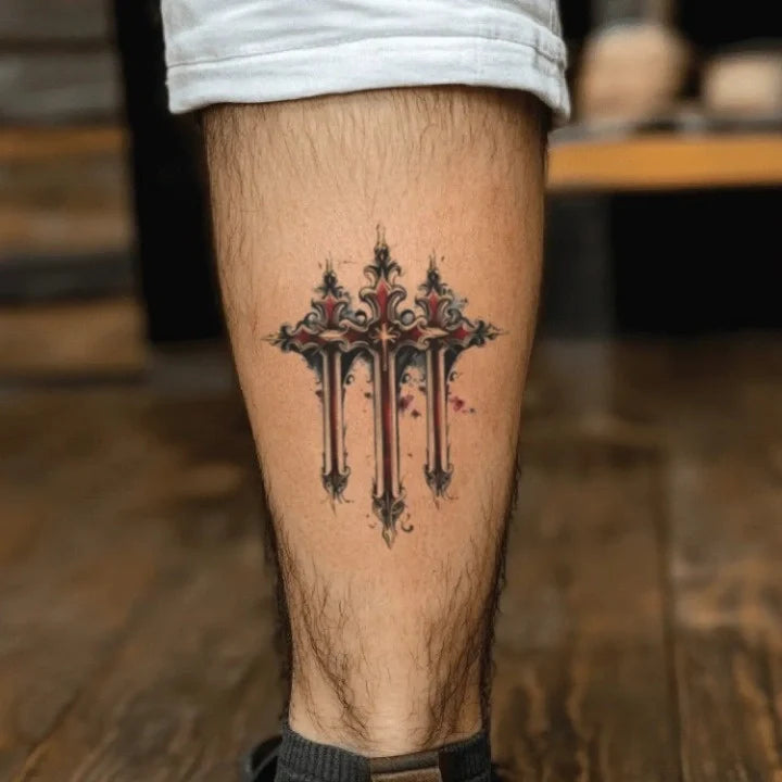 holy 3 cross leg temporary tattoo idea design