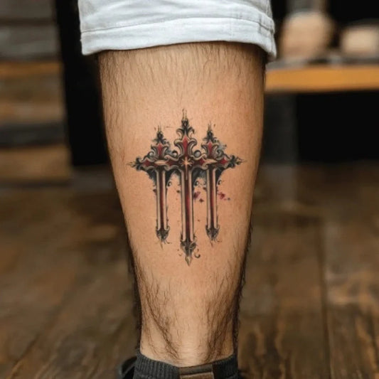 holy 3 cross leg temporary tattoo idea design