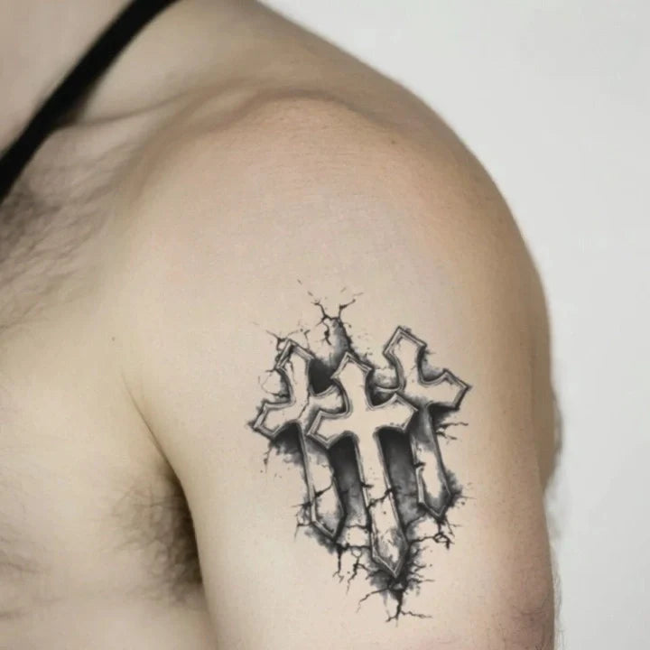realistic stonework 3 cross bicep temporary tattoo idea design