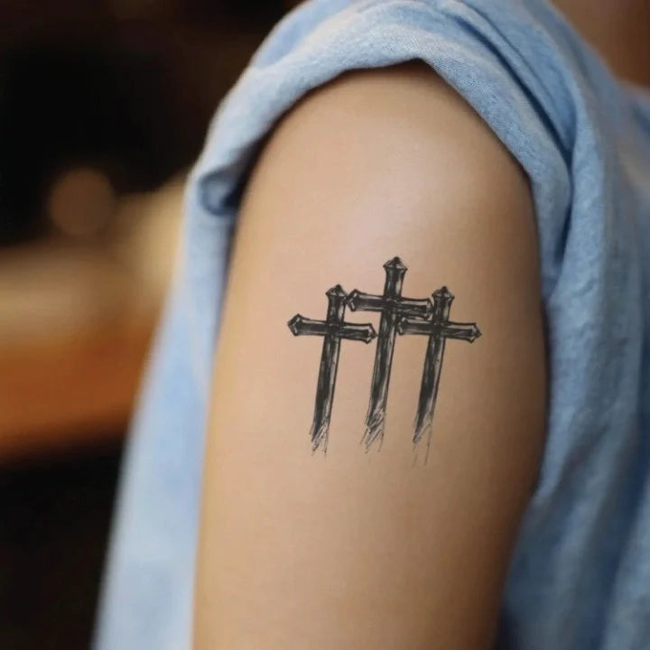blackwork 3 cross bicep temporary tattoo idea design