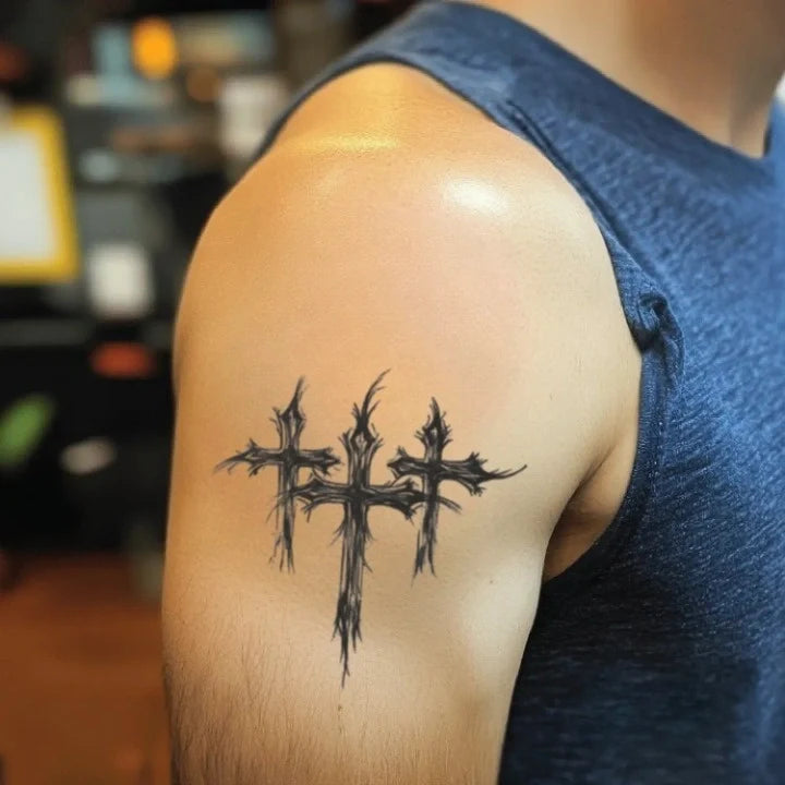 linework 3 cross bicep temporary tattoo idea design