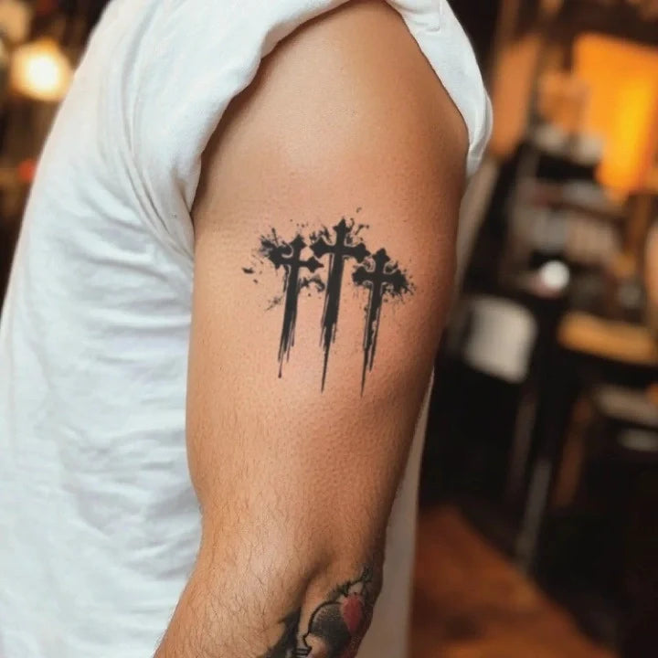 blackwork gothic 3 cross bicep temporary tattoo idea design