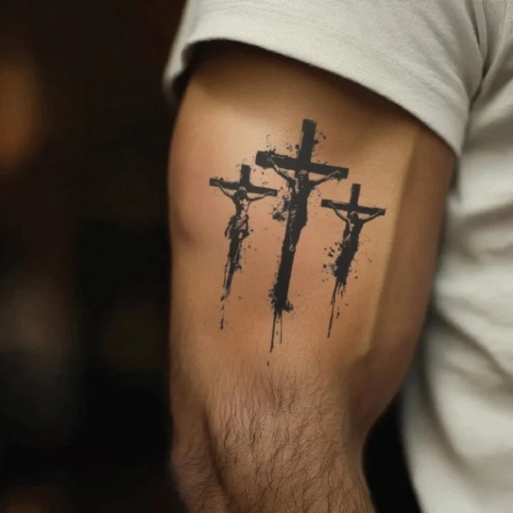 3 cross jesus religious bicep temporary tattoo idea design