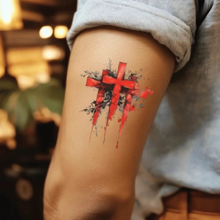 3 cross red flower bicep temporary tattoo idea design