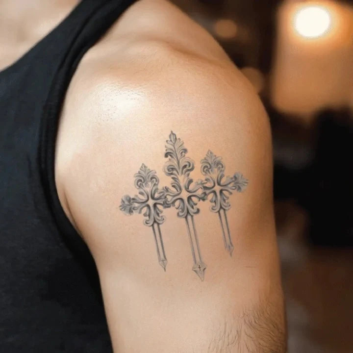catholic 3 cross bicep temporary tattoo idea design