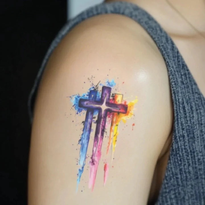 colorful 3 cross bicep temporary tattoo idea design