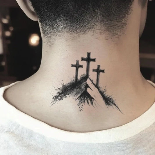 3 cross on a hill neck temporary tattoo idea design