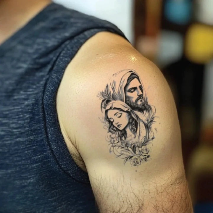 black and white virgin mary bicep temporary tattoo idea design