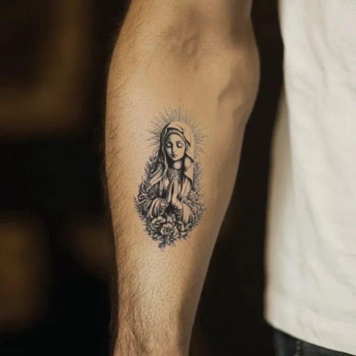 san judas and virgin mary forearm temporary tattoo idea design