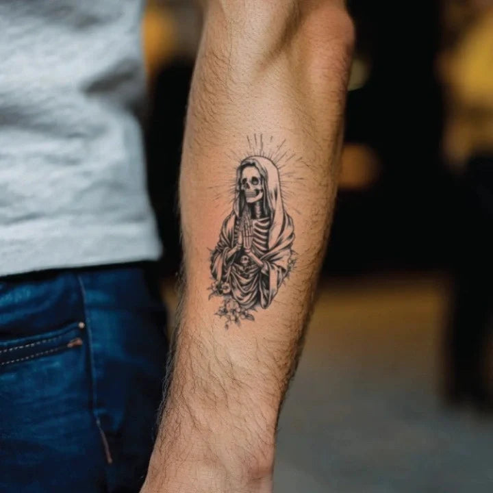 skeleton virgin mary skull forearm temporary tattoo idea design