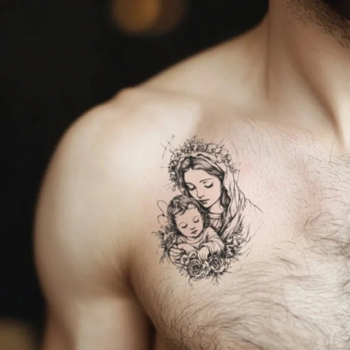 virgin mary and baby jesus chest temporary tattoo idea design