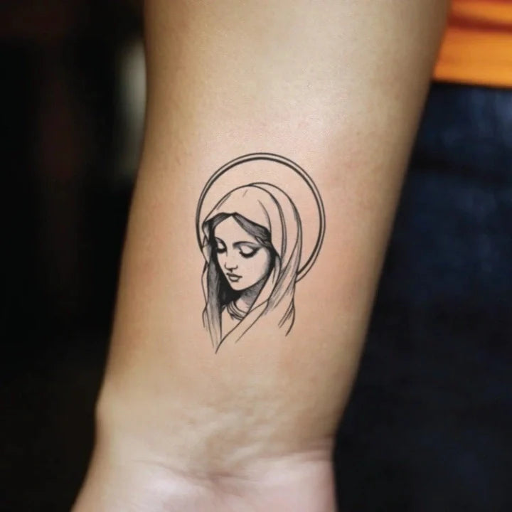 simple virgin mary outline wrist temporary tattoo idea design