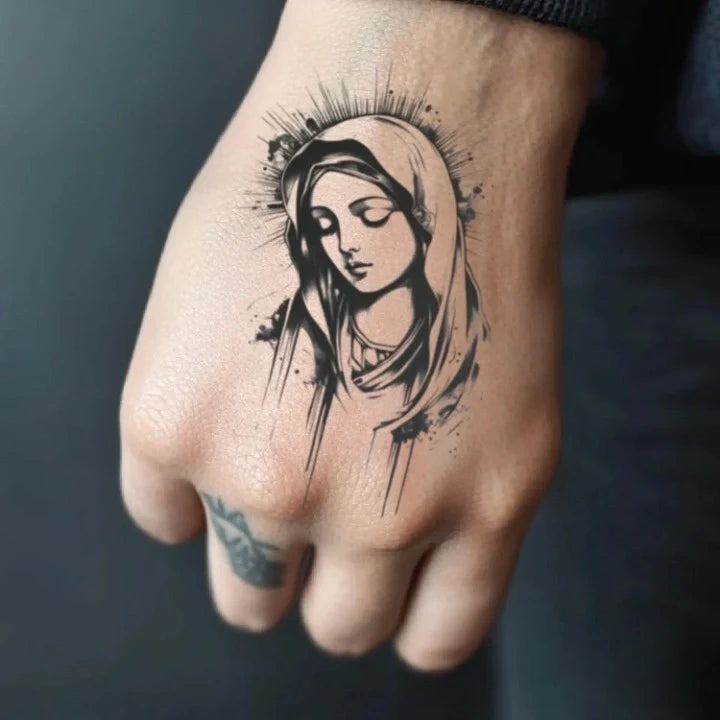 virgin mary hand hand temporary tattoo idea design