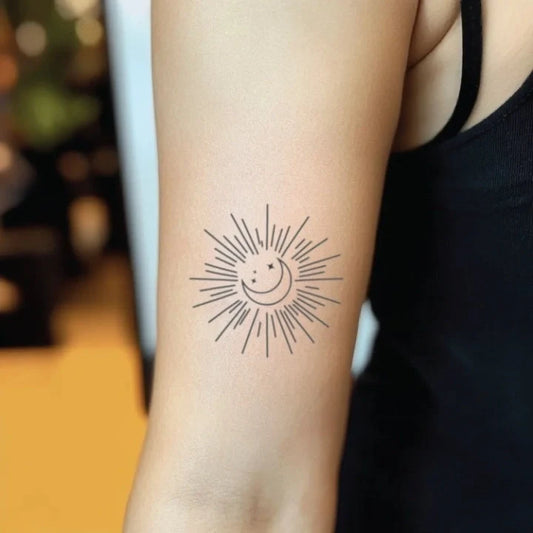 feminine fine line sun moon and stars bicep temporary tattoo idea design