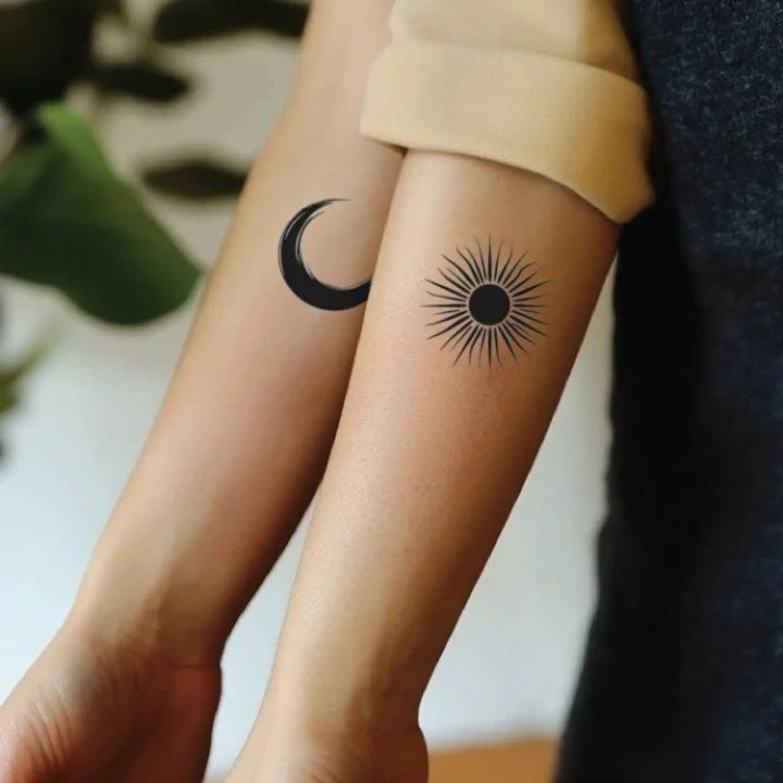 couples sun and moon forearm temporary tattoo idea design