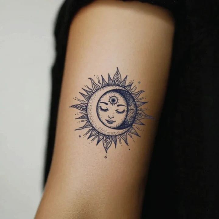 mandala sun and moon bicep temporary tattoo idea design