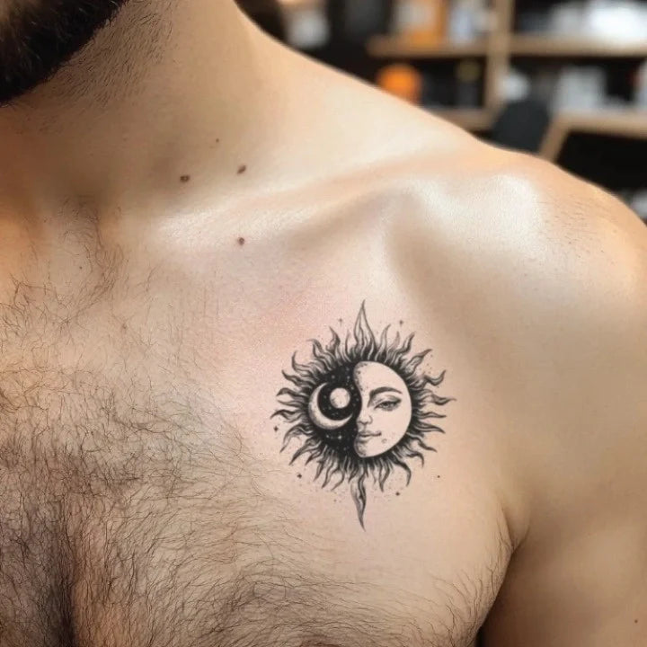 sun and moon yin yang chest temporary tattoo idea design