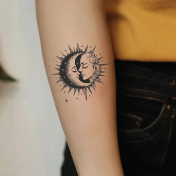 sun and moon together kissing forearm temporary tattoo idea design