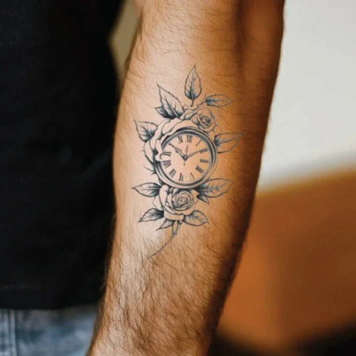 rose and clock forearm temporary tattoo idea design