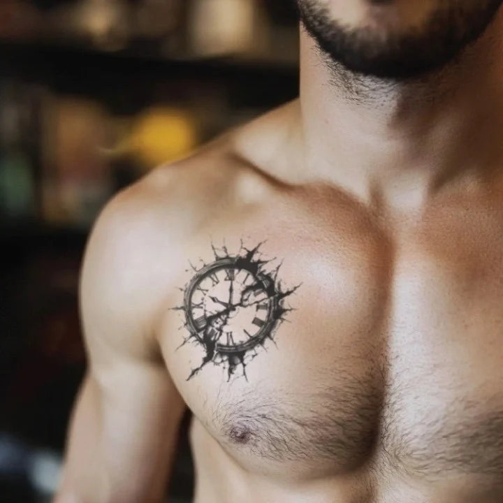 broken clock chest temporary tattoo idea design