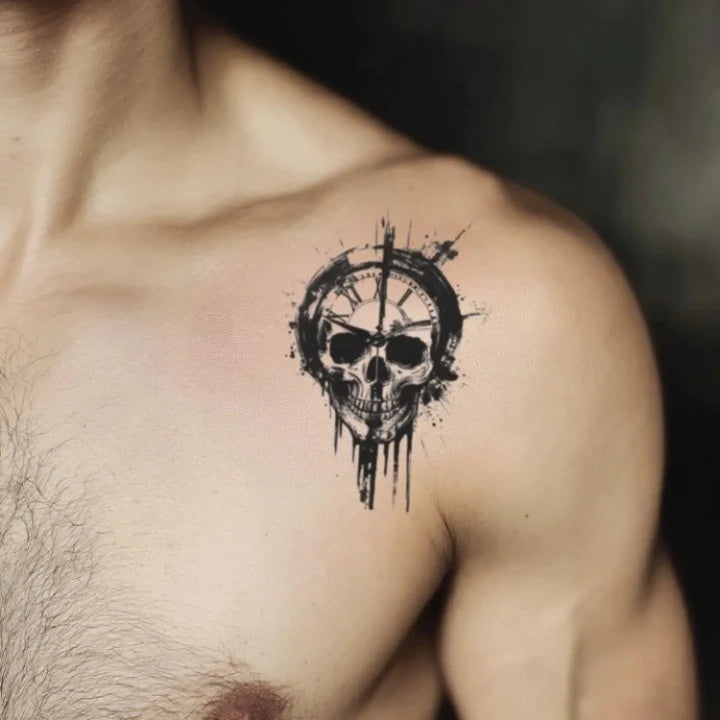 skull clock shoulder temporary tattoo idea design